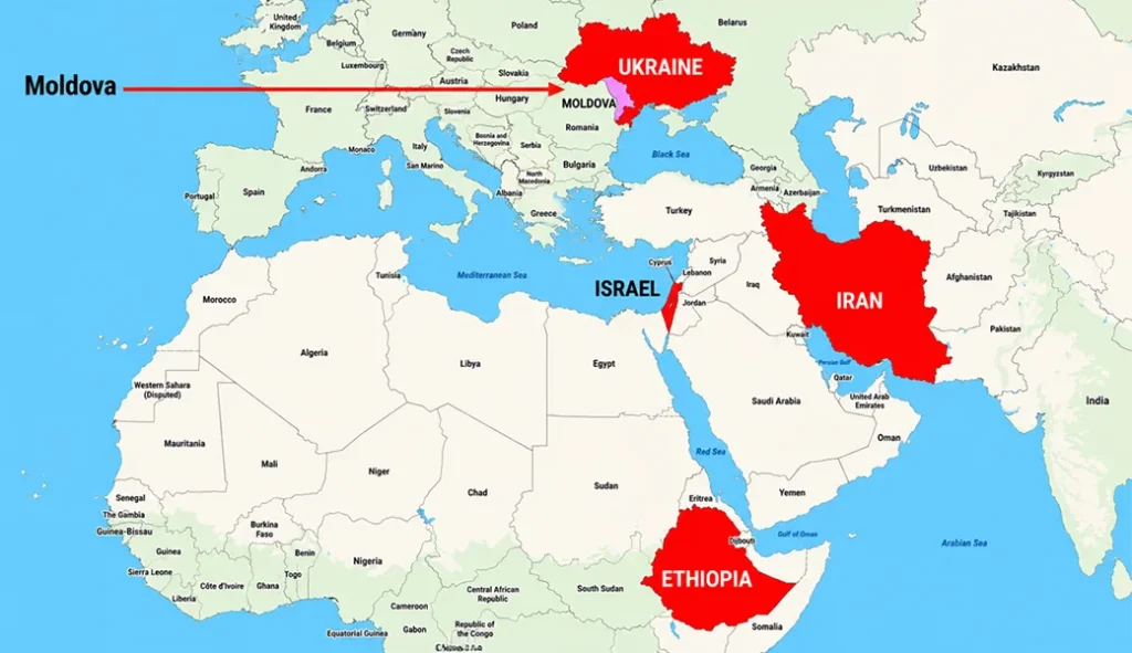Map highlighting Moldova, Ethiopia, Israel, Iran, and Ukraine