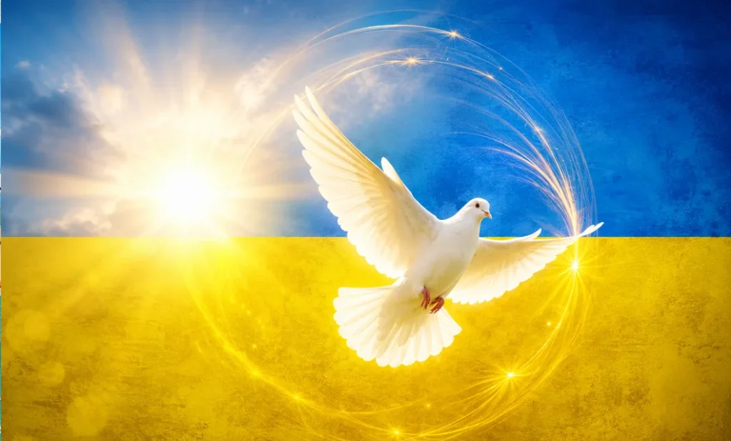A white dove flying in front of the blue and yellow Ukrainian flag, symbolizing peace
