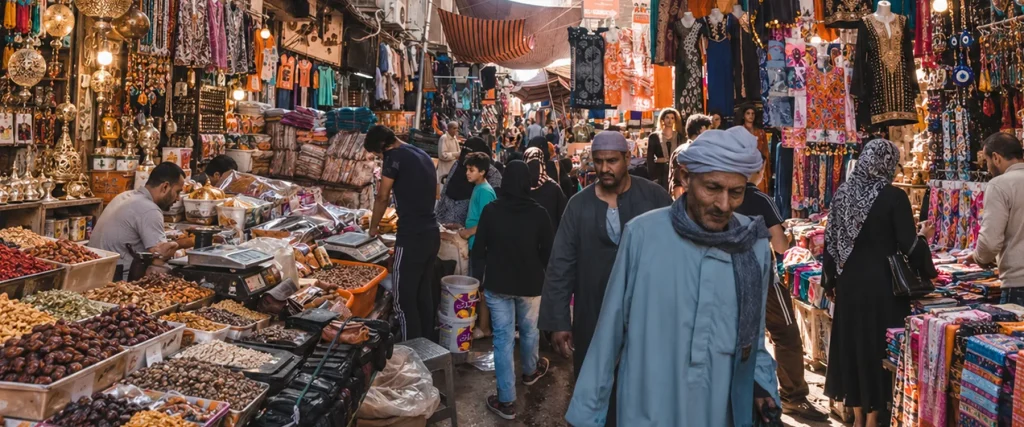 Shoppers walk through a busy marketplace lined with food stalls, textiles, and merchandise.