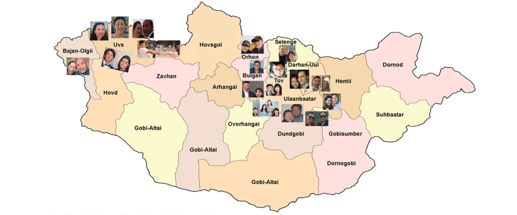 Map of Mongolia showing labeled provinces and small photographs of people across several regions.