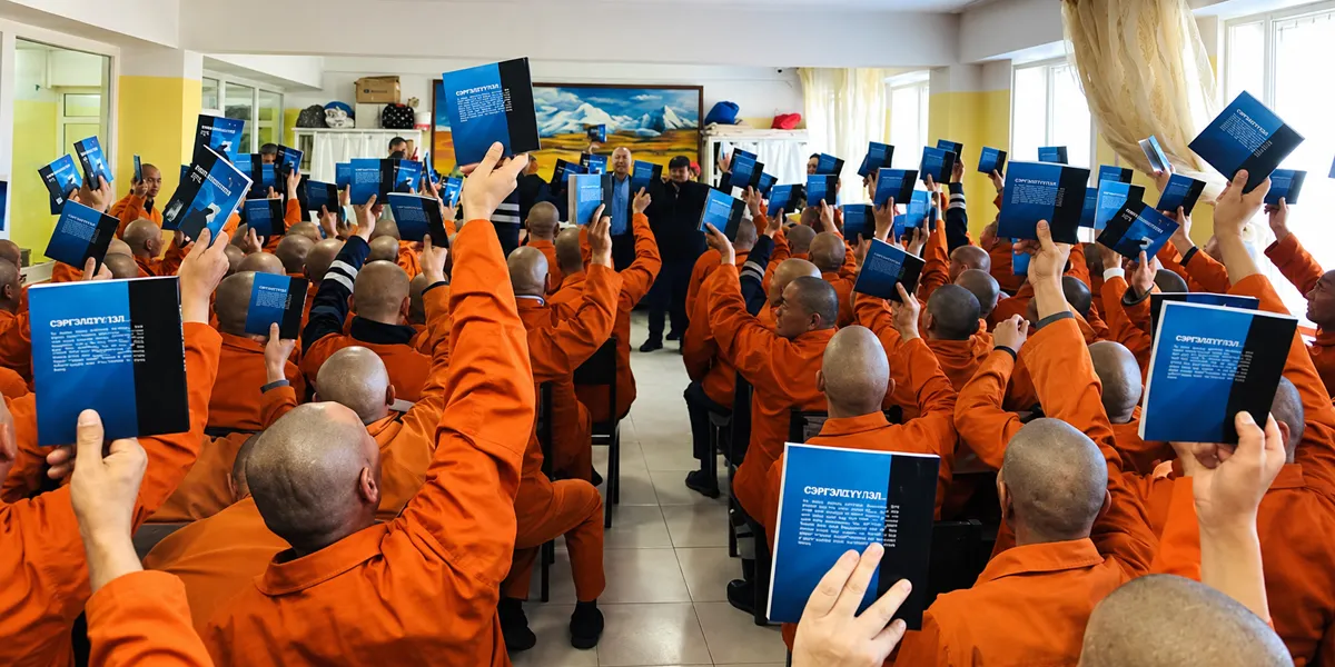 A group of people wearing orange clothing hold up blue books during an indoor gathering in Mongolia.