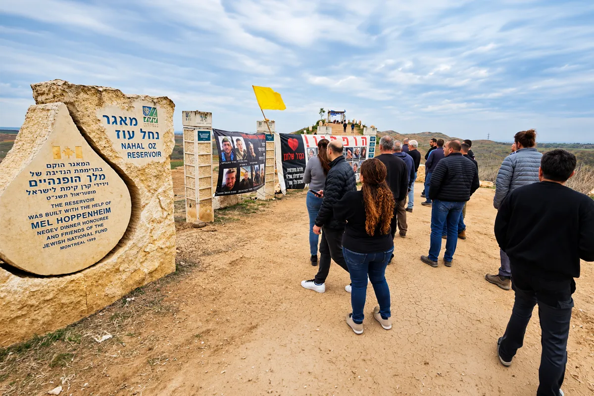 Visitors at the Nahal Oz memorial in Israel, where portraits and tributes honor victims of the October 7 attacks.