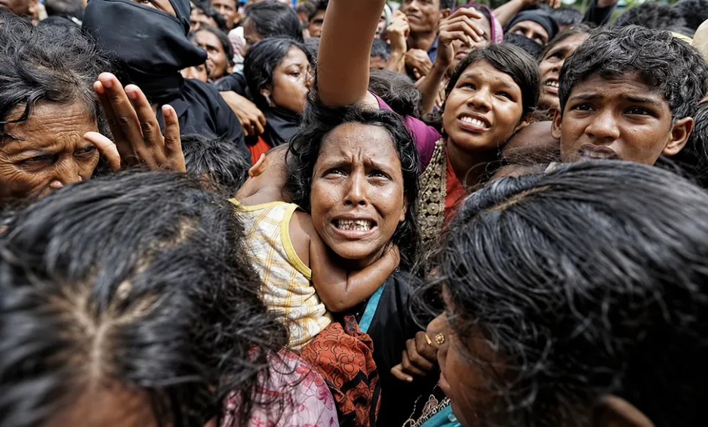 Crowd of people gathered closely together during a crisis in Nepal