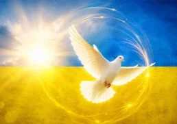 A white dove flying in front of the blue and yellow Ukrainian flag, symbolizing peace